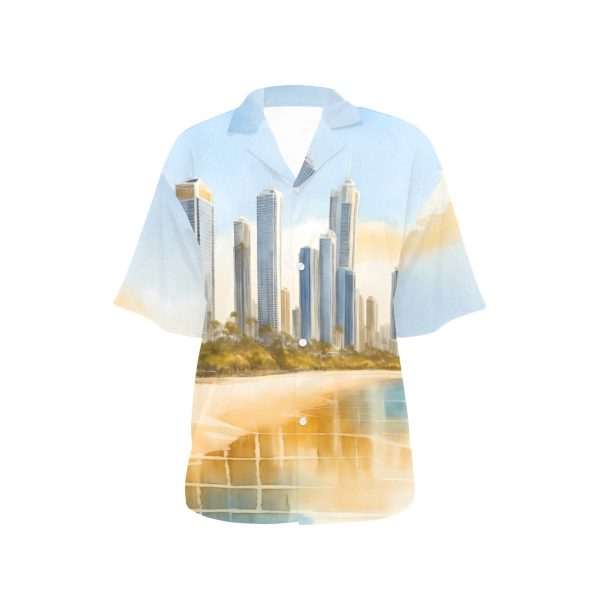 Urban Tidal Rhythms: The Skyscraper Sunset Beach Groove Business Casual Shirt for Women